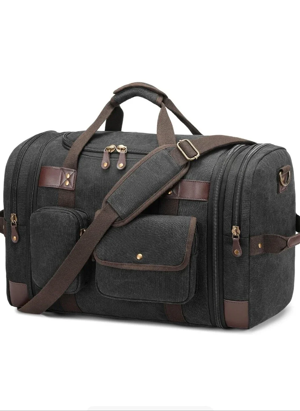 Men's Black Canvas Duffel Bag with Brown Accents